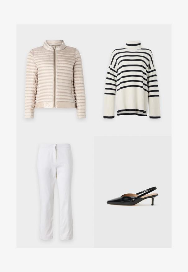 Giacca puffer beige chiaro con motivo trapuntato orizzontale, chiusura con zip e colletto alto. Presenta un tessuto liscio e lucido e orlo elasticizzato.; Maglione a collo alto a righe con una texture a coste, caratterizzato da ampie righe alternate blu navy e crema. Vestibilità morbida e design con spalle scese.; Pantaloni bianchi in cotone con design a gamba dritta, caratterizzati da una vita a media altezza e senza hardware o motivi visibili. Tessuto liscio su tutta la superficie.; Décolleté slingback in vernice nera con punta affilata, tacco basso e design con aperture sul vamp. Accento in hardware color oro sul lato.