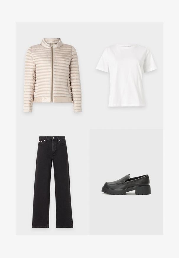 Ljust beige pufferjacka med horisontellt quiltat mönster, dragkedjestängning och ståkrage. Har slät, glänsande tyg och elastisk nederkant.; Vit bomullströja med korta ärmar, rund halsringning och en avslappnad passform. Slät textur, inga mönster eller detaljer, minimalistisk design.; Svarta vida jeans i denim med hög midja, fem fickor och metallknappstängning med kontrasterande sömmar.; Svarta läderloafers med rund tå, tjockt strukturerat såle och minimala sömnadsdetaljer. Snygg design utan synliga snören eller beslag.