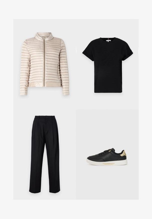 Šviesiai kreminės spalvos pūkinė striukė su horizontaliais siuvinėjimais, užtraukiama užtrauktuku ir stilinga stovinčia apykakle. Aukštos kokybės lygus, blizgus audinys ir elastingas apvadas.; Juodas medvilninis marškinėliai su trumpomis apvyniotomis rankovėmis, turintys reljefinį logotipą centre ir mažą vėliavėlės akcentą šone.; Juodos kelnės su pritaikytu dizainu, turinčios aukštą liemenį, raukšles ir tiesius džinsus. Pagamintos iš lygaus audinio, vienos spalvos.; Juodos odinės sportinės bateliai su lygiu paviršiumi, balta guma padais, auksiniais akcentais ant kulno ir akių, su logotipu ant šono.