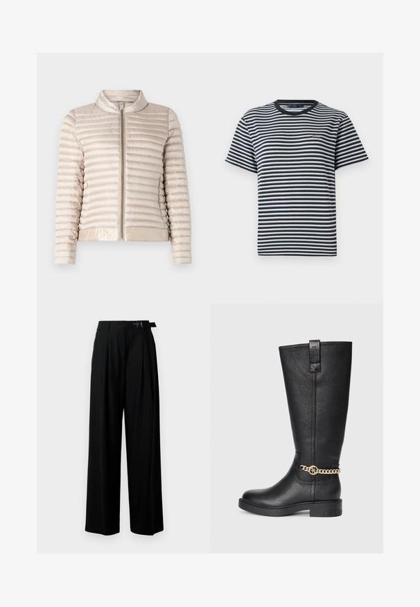 Vaalean beige lämpöpusero vaakasuoralla tikkauksella, vetoketjukiinnitys ja pystykaulus. Ominaisuuksiin kuuluu sileä, kiiltävä kangas ja joustava helma.; Raidallinen t-paita, jossa mustavalkoisia vaakasuoria raitoja, pyöreä kaula-aukko ja lyhyet hihat. Valmistettu pehmeästä ja kevyestä kankaasta.; Mustat leveät housut korkealla vyötäröllä, etuosassa laskokset ja soljellinen vyö. Valmistettu sileästä ja kevyestä kankaasta.; Mustat nahkaiset polven yli yltävät saappaat, joissa on teksturoitu pinta, koristeellinen kultaketju ja tasainen kumipohja.