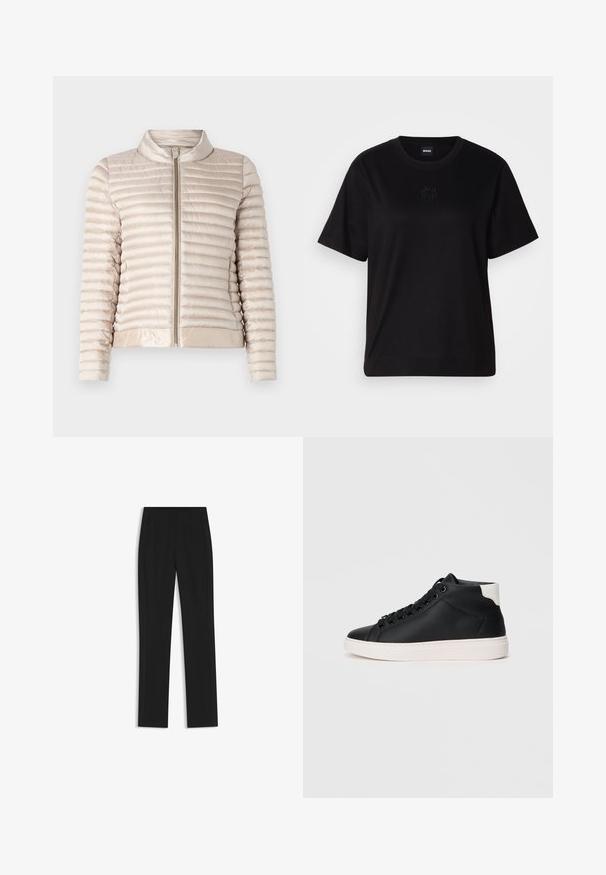 Hellbeige Daunenjacke mit horizontalem Steppmuster, Reißverschluss und Stehkragen. Besitzt glattes, glänzendes Material und elastischen Saum.; Schwarzes Baumwoll-T-Shirt mit Rundhalsausschnitt, kurzen Ärmeln und aufgesticktem Logo auf der Brust. Einfacher, lässiger Schnitt ohne Muster.; Schwarze maßgeschneiderte Hose mit geradem Bein, ausgestattet mit Fronttaschen und einem glatten, strukturierten Stoff. Saubere, minimale Details.; Schwarze High-Top-Sneaker aus glattem Leder mit weißer Gummisohle, runden Schnürsenkeln, gepolstertem Kragen und kontrastierendem Fersenakzent.