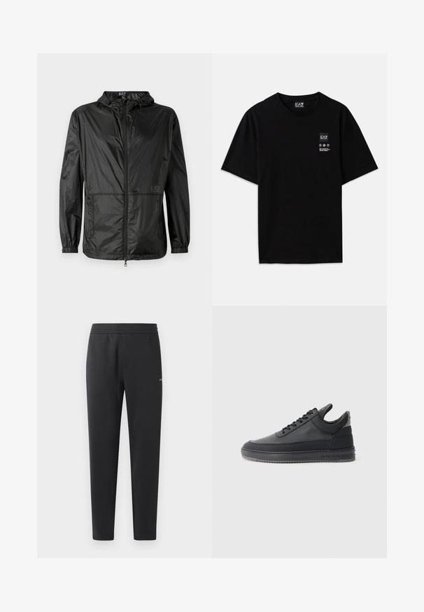 Black lightweight jacket with hood, featuring a full front zipper, elastic cuffs, and a smooth, shiny texture. Logo printed on the front.; Black cotton t-shirt with short sleeves, a crew neck, and a small logo tag on the front featuring care symbols in white.; Black jogger pants made of soft fabric, featuring an elastic waistband, straight legs, and a single small logo detail on the side.; Black leather sneakers with a textured surface, lace-up design, a low top, and a grey rubber sole featuring a ridged edge.