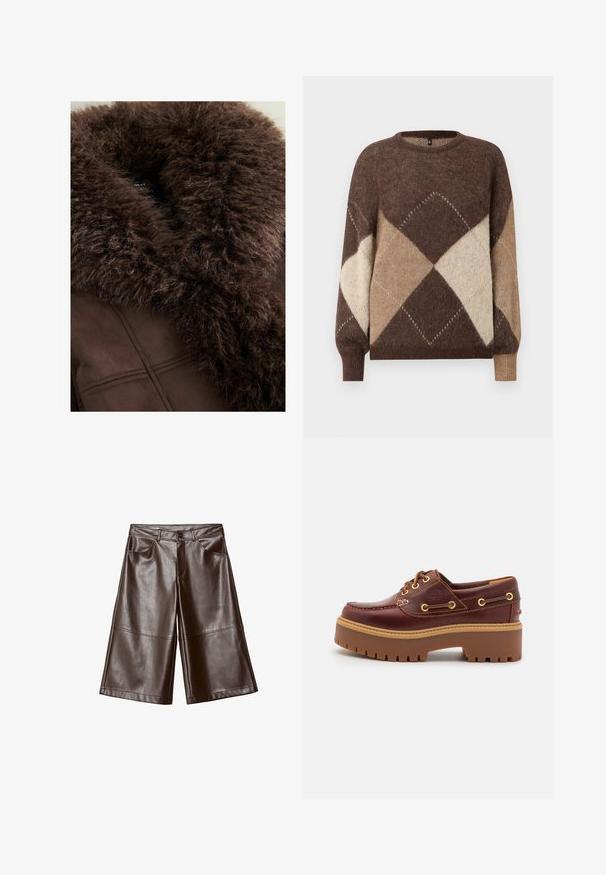 Ruskea tekoturkiskaulus tummanruskeassa takissa, jossa on pehmeä koostumus, siistit linjat ja sileä kangaspinta. Näkyvä tarra sisäpuolella.; Ruskea ja beige argyle-kuvioinen neulepusero pitkillä hihoilla ja joustinneuloksella valkoisella taustalla.; Ruske geniş paçalı diz boyu şortlar, ön cepleri ve kemer halkalarıyla birlikte, beyaz bir arka planda düz bir şekilde serilmiş.; Ruskea nahkainen venejalkine, jossa on paksu ruskea kumipohja, kultaiset nauhapaikat ja kontrastiväriompelu. Sivussa on logo.