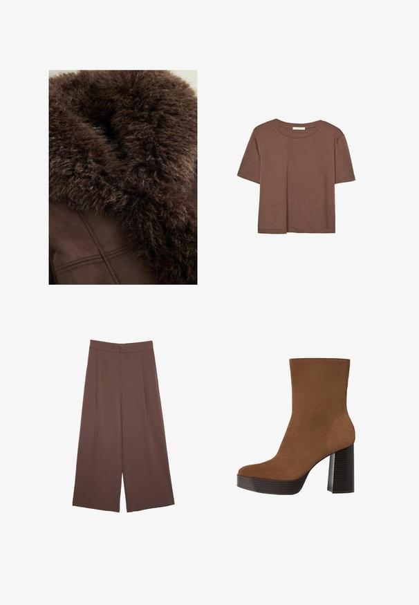 Collare in pelliccia sintetica marrone su una giacca marrone scuro, con texture morbida, linee pulite e finitura in tessuto liscia. Etichetta visibile all'interno.; Maglietta a maniche corte marrone realizzata in tessuto morbido, con scollatura rotonda e vestibilità rilassata. Nessun motivo o dettaglio visibile.; Pantaloni ampi marroni con una texture liscia, caratterizzati da una vita alta e pieghe frontali. Il tessuto è leggero e scorre liberamente.; Stivale alla caviglia in suede marrone con punta arrotondata, tacco spesso a strisce nere e superficie liscia. Caratterizzato da un design aderente senza hardware visibile.