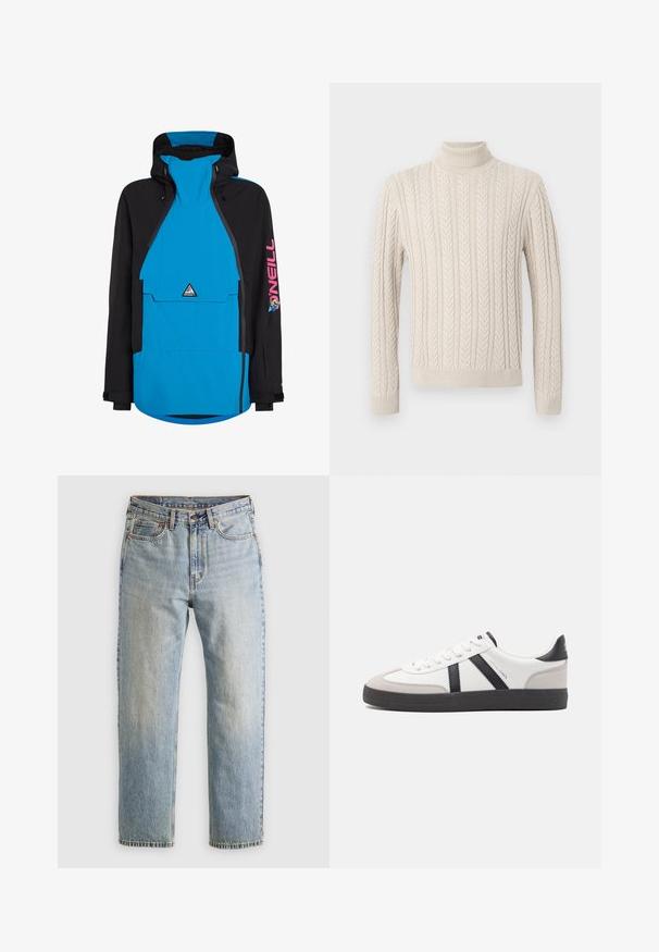 Veste imperméable bleu et noir avec capuche, dotée d'une poche frontale, de poignets ajustables et d'un logo sur la manche. Fermeture zippée à l'avant.; Pull en tricot beige avec un col roulé haut et côtelé. Présente un motif en maille torsadée texturé et des poignets et ourlet côtelés, offrant une apparence chaleureuse.; Jean en denim bleu clair à taille haute, avec bouton avant, fermeture éclair et design à cinq poches, posé à plat sur un fond neutre.; Baskets blanches avec des accents noirs et gris, présentant un embout texturé gris, une semelle en caoutchouc noir et des lacets plats blancs. Design épuré, style minimaliste.