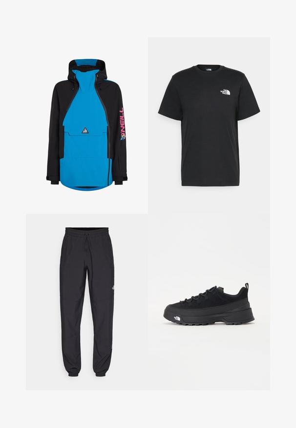 Giacca impermeabile blu e nera con cappuccio, dotata di tasca frontale, polsini regolabili e logo sulla manica. Chiusura frontale con zip.; T-shirt nera in cotone con maniche corte, colletto a giro, e un piccolo logo bianco sul lato sinistro del petto. Design semplice, texture liscia e vestibilità rilassata.; Pantaloni sportivi neri realizzati in tessuto leggero, con vita regolabile con cordino, tasche laterali e orli affusolati alle caviglie.; Sneaker da esterno nera con parte superiore in suede, suola in gomma testurizzata e robusto sistema di allacciatura. Presenta un tallone rinforzato e il logo del marchio sul lato.