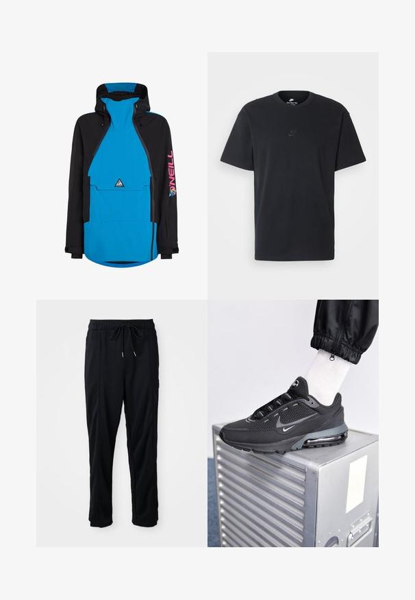 Giacca impermeabile blu e nera con cappuccio, dotata di tasca frontale, polsini regolabili e logo sulla manica. Chiusura frontale con zip.; T-shirt in cotone nero della Nike con collo rotondo classico, maniche corte e un logo in rilievo discreto sul petto. Texture liscia.; Pantaloni casual neri con elastico in vita, tasche laterali e taglio dritto su uno sfondo uniforme.; Nike Sportswear PULSE - Sneakers basse - black/anthracite