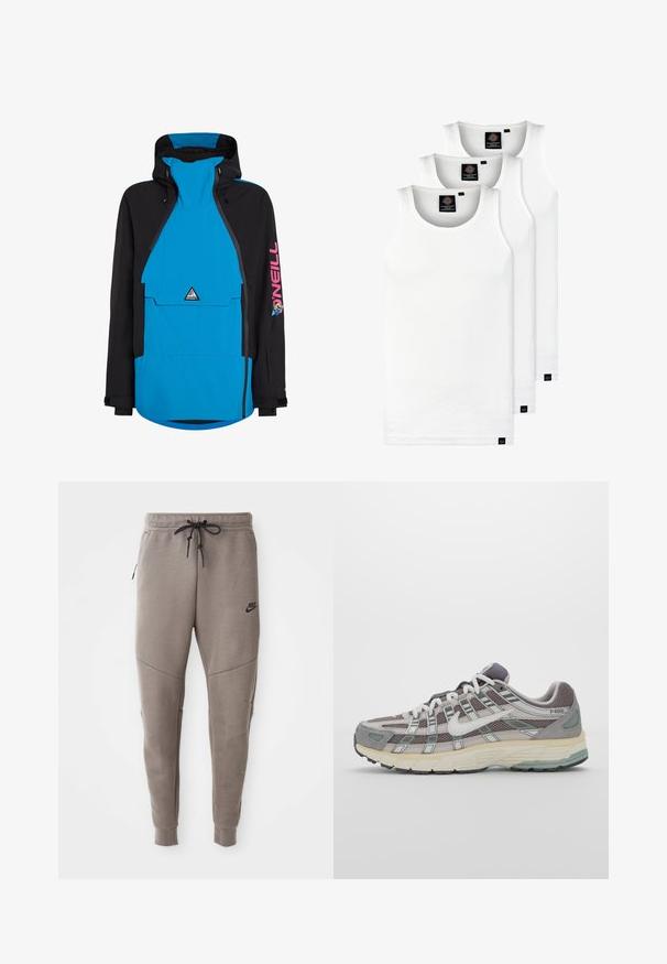 Veste imperméable bleu et noir avec capuche, dotée d'une poche frontale, de poignets ajustables et d'un logo sur la manche. Fermeture zippée à l'avant.; Trois débardeurs blancs côtelés en coton. Présentent un col rond et de petites étiquettes noires près de l'ourlet. Disponibles en plusieurs tailles.; Pantalon de survêtement gris Nike avec une taille élastique à cordon de serrage, des jambes fuselées, des poches latérales et un détail de couture distinct. Tissu doux et texturé.; Chaussure de sport grise avec une tige en mesh et en daim, accents blancs, semelle rembourrée et un design distinctif avec des éléments réfléchissants.