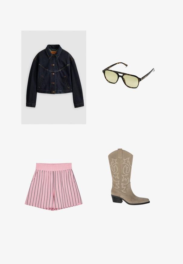 Granatowa kurtka dżinsowa z kołnierzykiem, z przodu na guziki i dwoma bocznymi kieszeniami. Charakteryzuje się kontrastowym pomarańczowym przeszyciem oraz skróconym fasonem.; Koszula z krótkim rękawem z kołnierzykiem, różowa w granatowe pionowe paski, z zapinaniem na guziki, wykonana z gładkiego materiału, o luźnym kroju, z subtelną metką marki z tyłu.; Jasnoróżowe szorty z pionowymi granatowymi paskami, elastycznym pasem w talii i kieszeniami bocznymi. Wykonane z miękkiego materiału o luźnym kroju.; PULL&BEAR - Kowbojki i obuwie motocyklowe; Słoneczne okulary w kratkę w kształcie prostokąta, z soczewkami w zielonym odcieniu i wzorzystymi ramkami z acetatu. Posiadają metalowe akcenty w pobliżu soczewek.