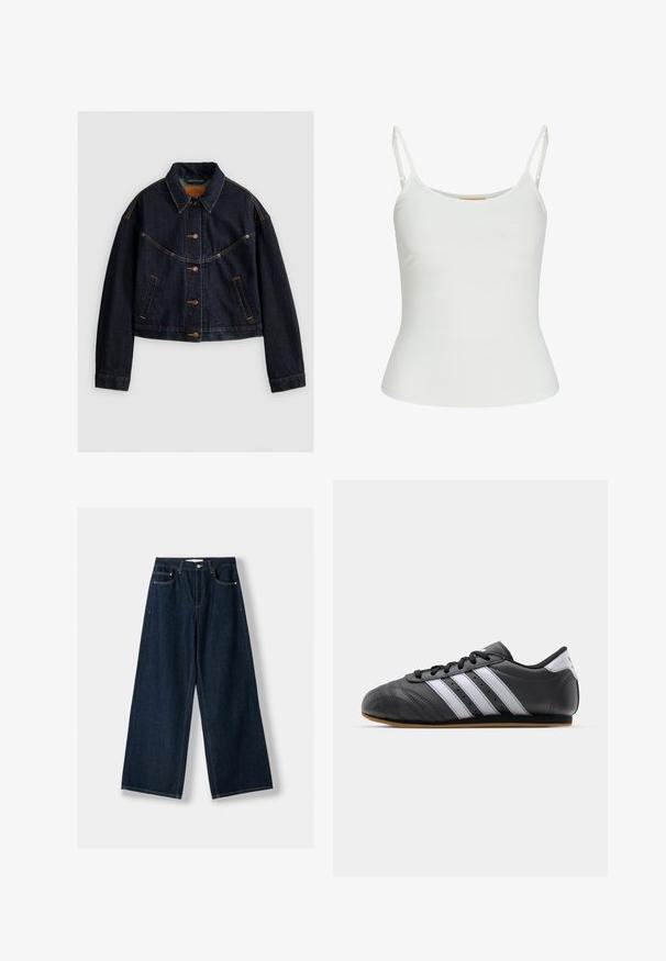 Tmavě modrá džínová bunda s límečkem, předními knoflíky a dvěma bočními kapsami. Obsahuje kontrastní oranžové prošívání a zkrácený střih.; Bílý tílko bez rukávů s nastavitelnými ramínky, přiléhavý design, hladká textilie a kulatý výstřih. Žádné vzory ani kovové detaily.; Tmavě modré široké džíny vyrobené z denimu. Mají pět kapes, zapínání na knoflík a zip a kontrastní šití.; Černá kožená sportovní obuv s bílými pruhy, kulatou špičkou, plochou podrážkou a šněrováním. Disponuje perforacemi pro prodyšnost.