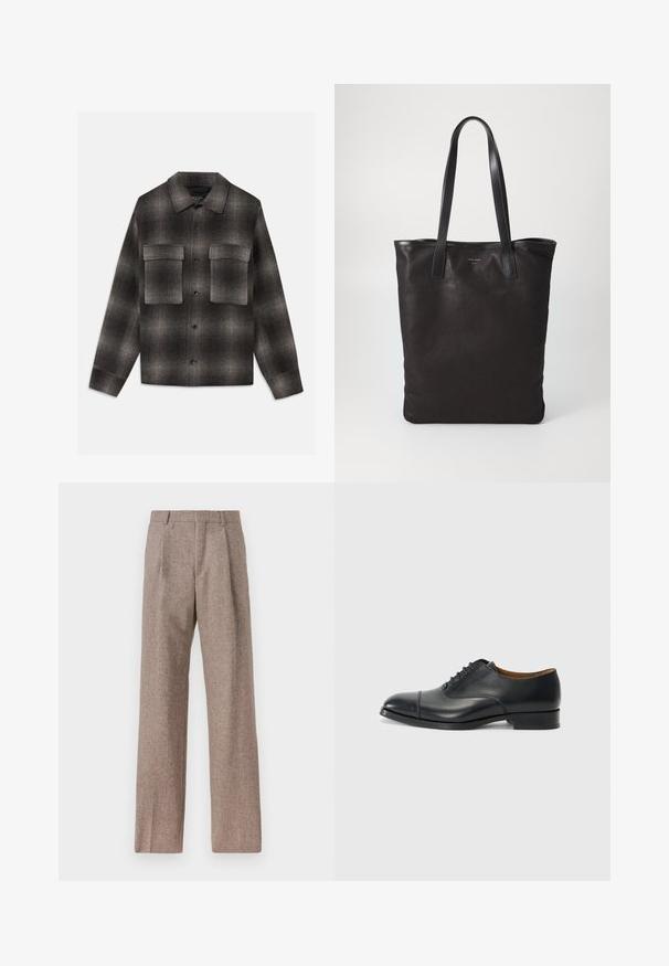 Veste à carreaux noir et gris foncé, à boutonner, avec un col pointu et deux grandes poches à rabat sur la poitrine, manches longues et ourlet droit.; Chemise blanche à manches longues avec boutons en coton, présentant une poche poitrine avec broderie ton sur ton, un col et des poignets boutonnés.; Pantalons marron taille haute en tissu texturé. Présente des jambes larges et deux plis avant pour la structure. Finition soignée sans matériel visible.; Chaussure habillée en cuir noir avec une finition lisse, bout arrondi, cinq œillets pour les lacets et un petit talon carré. Design minimaliste avec des coutures discrètes.; Sac fourre-tout en toile noire avec des poignées en cuir noir. Design simple, corps spacieux et texture lisse. Pas de logos ou motifs visibles.