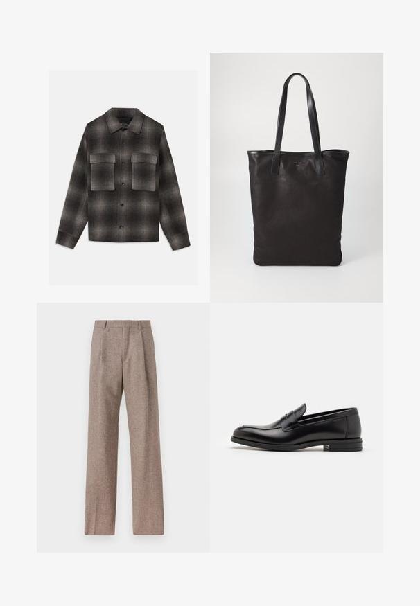 Dunkelgrau und schwarz kariertes Hemdjacke mit spitzem Kragen und zwei großen Klappentaschen auf der Brust, langen Ärmeln und geradem Saum.; Weißes Langarm-Hemd mit Knöpfen aus Baumwolle, ausgestattet mit einer Brusttasche mit tonalem Stickerei, einem Kragen und Knopfmanschetten.; Braune, hochtaillierte Hose aus strukturiertem Stoff. Mit weitem Bein und zwei vorderen Bügelfalten für zusätzliche Form. Saubere Verarbeitung ohne sichtbare Hardware.; Schwarze Lederloafers mit glatter Textur, rundem Zehenbereich und einem dekorativen Riemen über dem Vorderfuß. Niedriger, gestapelter Absatz, minimalistisches Design.; Schwarze Stofftote mit schwarzen Ledergriffen. Einfaches Design, geräumiger Körper und glatte Textur. Keine sichtbaren Logos oder Muster.
