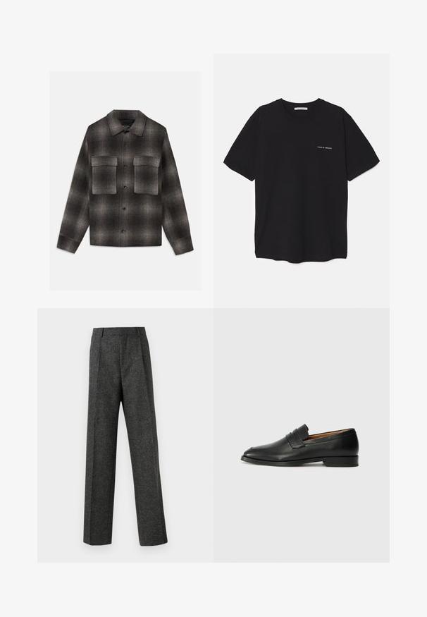 Sötétszürke és fekete kockás, gombos dzseki hegyes gallérral, két nagy, fedéllel ellátott zsebbel a mellkason, hosszú ujakkal és egyenes aljjal.; Fekete pamut T-shirt kerek nyakkivágással, rövid ujjakkal, és fehér logónyomattal a bal mellrészen. Egyszerű, egyszínű dizájn.; Szürke, texturált anyagból készült, szabott nadrág, két elülső pliszével és egyenes lábbal. Nincsenek látható zsebek vagy díszítések.; Fekete bőr mokaszin, kerek orral, diszkrét varrásokkal és alacsony sarokkal, sima felülettel és minimalista dizájnnal.