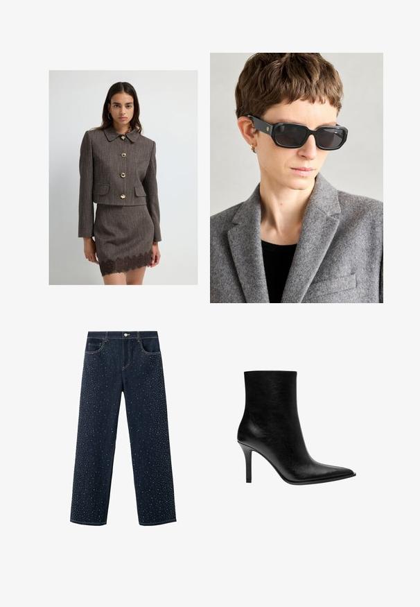 Nainen, jolla on päällään ruskea textured-kroppijakku suurilla kultaisilla napeilla ja siihen sopiva hame, jossa on pitsireunus, seisoo yksinkertaista valkoista taustaa vasten.; Valkoinen pitkähihainen paita, jossa on venepääntie. Valmistettu pehmeästä materiaalista, jossa on leveät hihat ja suora helma, mikä tarjoaa yksinkertaisen ja monikäyttöisen muotoilun.; Tummat farkut, joissa on leveä lahjesuunnittelu ja etuosassa on ripoteltuja strassikoristeluja. Klassinen viisi-taskumalli.; Mustat nahka nilkkurit, joissa on terävä kärki, hoikka stiletto-korko, sileä pinta ja minimalistinen muotoilu. Ei näkyvää metalliosaa tai koristeita.; Mustat suorakulmaiset aurinkolasit tummilla linsseillä, mattapintaiset, ja kullanvärinen logo varressa; käytössä harmaan villablazerin ja mustan paidan kanssa.