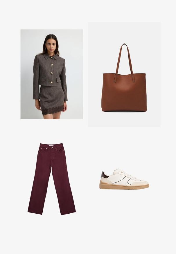 Donna che indossa un giubbotto corto marrone a trama con grandi bottoni dorati e una gonna coordinata con orlo in pizzo, in piedi davanti a uno sfondo bianco puro.; T-shirt bianco a maniche corte realizzato in cotone. Presenta un collo tondo e una vestibilità rilassata. Texture liscia senza motivi o dettagli visibili.; Jeans bordeaux a vita alta con design a gamba dritta, dotati di tasche frontali, chiusura con bottone e rifiniture in tono rame.; Stradivarius Sneakers basse - white; Borsa tote in pelle marrone con texture liscia, design con apertura superiore e due spallacci. Presenta cuciture minime e nessun hardware visibile.