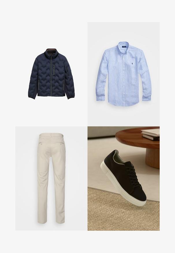 Navy kék steppelt dzseki magas gallérral, elülső cipzárral, három cipzáras zsebbel és elasztikus mandzsettával fehér háttéren.; Kék és fehér csíkos, hosszú ujjú pamut ing, gombos gallérral, elől gombokkal és egy kis hímzett logóval a mellkason.; Beige nadrág sima felülettel, egyenes szabással, két gombos hátsó zsebbel és normál derékrésszel.; Fekete sneakers fehér talppal lebeg egy bézs textúrájú szőnyeg felett, egy kerek fából készült asztal közelében, rajta egymásra pakolt könyvekkel.