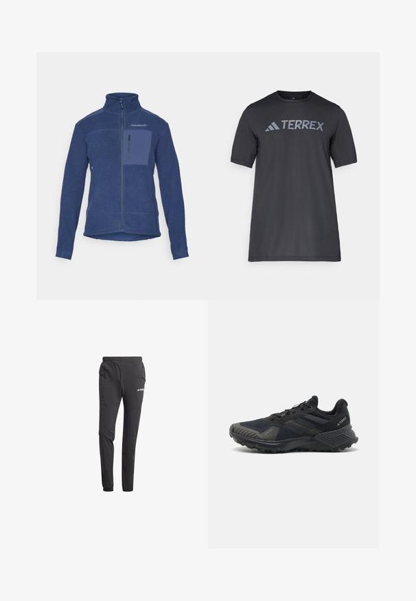 Granatowa polarowa kurtka z wysokim kołnierzem, pełnym zamkiem błyskawicznym i kieszenią na piersi. Teksturowana tkanina z kontrastującymi gładkimi detalami.; Czarny t-shirt z krótkim rękawem wykonany z lekkiego materiału, z jasnoszarym logo "TERREX" na piersi oraz okrągłym dekoltem.; Czarne spodnie sportowe wykonane z lekkiego materiału, z elastycznym pasem, bocznymi kieszeniami, zwężającymi się nogawkami i detalem z logo.; Czarne buty sportowe z teksturowaną siateczką, gumową podeszwą i zauważalnymi szarymi akcentami na palcach i bocznych panelach. Wzmocniony design pięty.