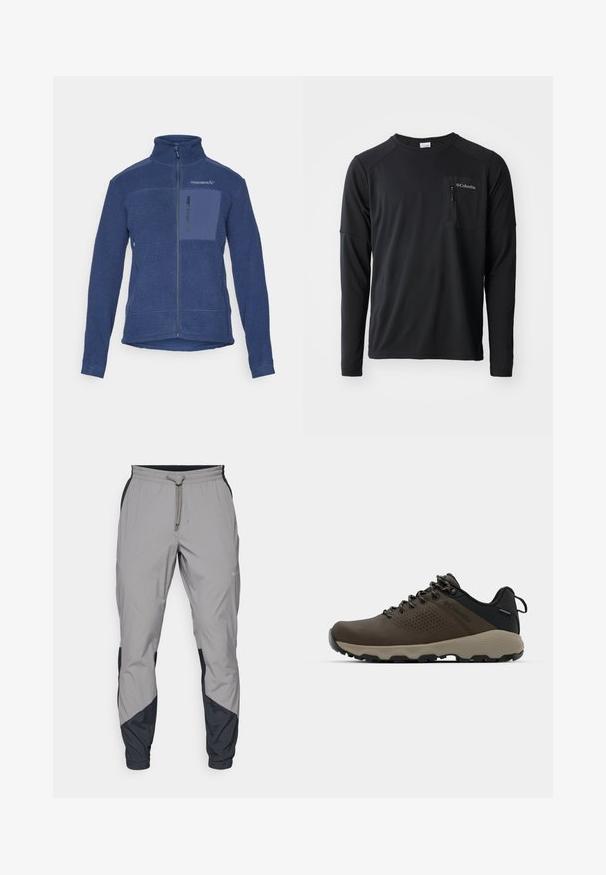Jūrnieku vilnas jaka ar augstu apkakli, pilna garuma rāvējslēdzēju un priekšējo krūšu kabatu. Strukturēta auduma ar kontrastējošiem gludajiem auduma elementiem.; Columbia COLUMBIA TECH™ LONG SLEEVE CREW - Tops ar garām piedurknēm - black; Viegls, pelēks sporta bikses ar melniem akcentiem. Elastīga josta, ar auklu aizdare, sašaurināts kāju dizains un sānu kabatas.; Brūni ūdensnecaurlaidīgi sporta apavi ar teksturētu virsu, perforētiem akcentiem, melnu papēža atbalstu un pelēku gumijas zoli. Šņores veidotas ar metāliskiem galiem.