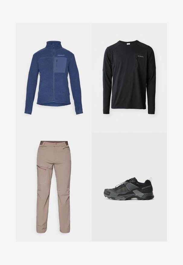 Mornarska flis jakna z visokim ovratnikom, polnim zadrgo in sprednjim žepom na prsih. Teksturirana tkanina s kontrastnimi gladkimi podrobnostmi.; Columbia COLUMBIA TECH™ LONG SLEEVE CREW - Majica z dolgimi rokavi - black; Salomon WAYFARER PANTS - Hlače za na prostem - iron; Črne trail tekaške čevlje z vzdržljivim mrežastim zgornjim delom, ojačano zaščito prstov, teksturiranim gumijastim podplatom in elastičnim sistemom vezalk za varen oprijem.