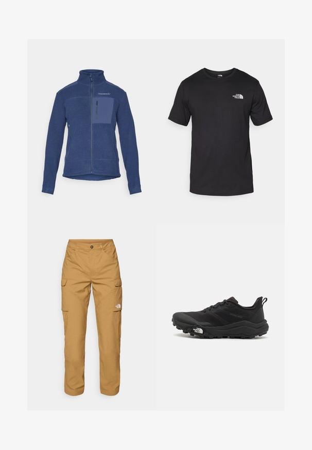 Jachetă din fleece marină cu guler înalt, fermoar pe toată lungimea și buzunar pe piept. Material texturat cu detalii dintr-un material neted contrastant.; Tricou scurt din bumbac, de culoare neagră, cu guler rotund și un mic logo alb în partea de sus a pieptului stâng.; The North Face EXPLORATION PANTS - Pantaloni cargo - utility brown; Pantofii de alergare pe teren accidentat, de culoare neagră, cu un superior texturat, talpă din cauciuc și vârf întărit. Prezintă un guler căptușit și o bandă de prindere pentru îmbrăcare ușoară.