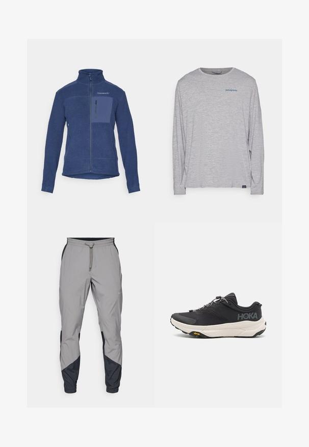 Jūrų laivyno fliso striukė su aukštu apykakle, pilno ilgio užtrauktuku ir priekinėmis krūtinės kišenėmis. Sukurtas tekstūruotas audinys su kontrastingais lygaus audinio akcentais.; Šviesiai pilka ilgomis rankovėmis marškinėliai, pagaminti iš minkštos, tekstūruotos medžiagos. Yra apvalus kaklas ir mažas mėlynas "Patagonia" logotipas krūtinėje.; Lengvas, pilkos sportinės kelnės su juodais akcentais. Elastingas juosmuo, raišteliu užsegimas, siaurėjantis kojų dizainas ir šoninės kišenės.; Juodos sportinės bateliai su tekstūruota viršutine dalimi, pilkų akcentų, atspindinčiomis detalėmis ir storu baltu padu su Vibram prekės ženklu.