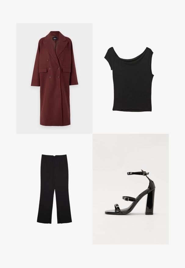 Cappotto bordeaux a doppio petto con colletto a punte, tasche laterali e vestibilità comoda, realizzato in un tessuto simile alla lana.; Top nero a maniche corte realizzato in tessuto liscio; presenta un colletto drappeggiato e un orlo asimmetrico, con una vestibilità aderente.; Pantaloni neri a gamba dritta, con tasche frontali e spacchi laterali all'orlo. Realizzati in tessuto morbido e liscio. Adatti a diverse occasioni.; Sandali con tacco in vernice nera, con punta squadrata, cinturini alla caviglia e fibbie in argento. Presentano un tacco a blocco spesso per maggiore stabilità.