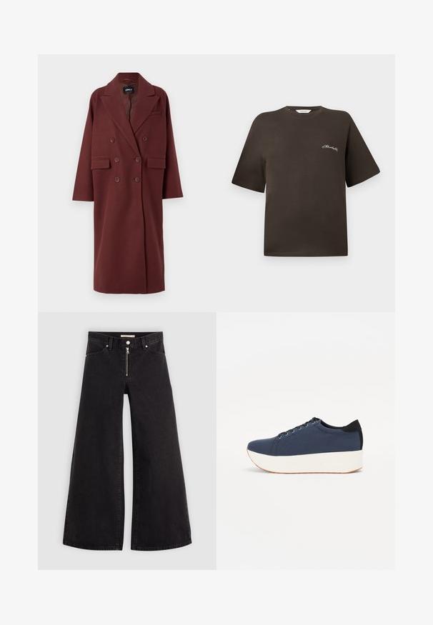 Burgundy, kaksirivinen takki, jossa on avokollari, sivutaskut ja rento istuvuus, valmistettu villamaisesta kankaasta.; Ruskea puuvillapaita, jossa on lyhyet hihat, rento leikkaus, pyöreä kaula-aukko, ja vasemmassa rinnassa pieni valkoinen brodeerattu teksti.; Mustat leveälahkeiset farkut, joissa on vetoketjufrunti, viisi-taskuinen muotoilu ja hienovaraiset ompelusyyt. Sileä pinta ja rento tyyli.; Sotilaspunainen tennari, jossa on teksturoitu kangasyläosa, valkoinen alustan pohja, pyöreä kärki ja musta kantapääkorostus. Varustettu kuudella nyörille tarkoitetulla reikällä.