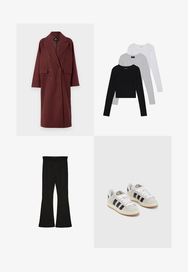 Burgundijas krāsas divrindnieka mētelis ar izgrieztu apkakli, sānu kabatām un brīvu piegriezumu, izgatavots no vilnai līdzīgas tekstūras.; Trīs garām piedurknēm veidotas augšdaļas, sakrautās: melna, pelēka un balta. Katram ir noapaļots kakla izgriezums un īsa dizaina forma ar gludu, vieglu audumu.; Melnas flared leggings, kas izgatavotas no stiepjama auduma. Iezīmējas ar platu jostasvietu un gludu tekstūru, ar pieguļošu siluetu, kas paplašinās pie apakšmalas.; Pelēkas zamšādas kedas ar baltām saites, melnām svītrām un baltu gumijas zoli. Raksturīga apļa logo uz mēles un gumijas zole.