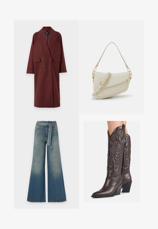 Burgundia, kahekordne pintsak sisselõikega kraega, küljetaskud ja mugav lõige, valmistatud villataolise tekstuuriga.; Valge ilma varrukateta T-särk, mis on valmistatud ribakangast, ümarate kaelustega ja kitseneva siluetiga, minimaalse õmbluste ning ilma kaunistusteta.; Laiad denimpüksid, millel on hele tume sinine gradiendiefekt, kõrge vöökoht, vöökumlid ja sobivast kangast vöö. Struktureeritud denimi viimistlus.; Pruunid nahast cowboy saapad terava varbaga ja plokk-kandaga, millel on detailne tikand ja kergelt tõstetud aktsendid varrel.; Väike kreemjas käekott tekstureeritud viimistlusega, pikendatav rihm, ketiläbimõõt ja klapiga sulgemine. Kuldsed metalldetailid.