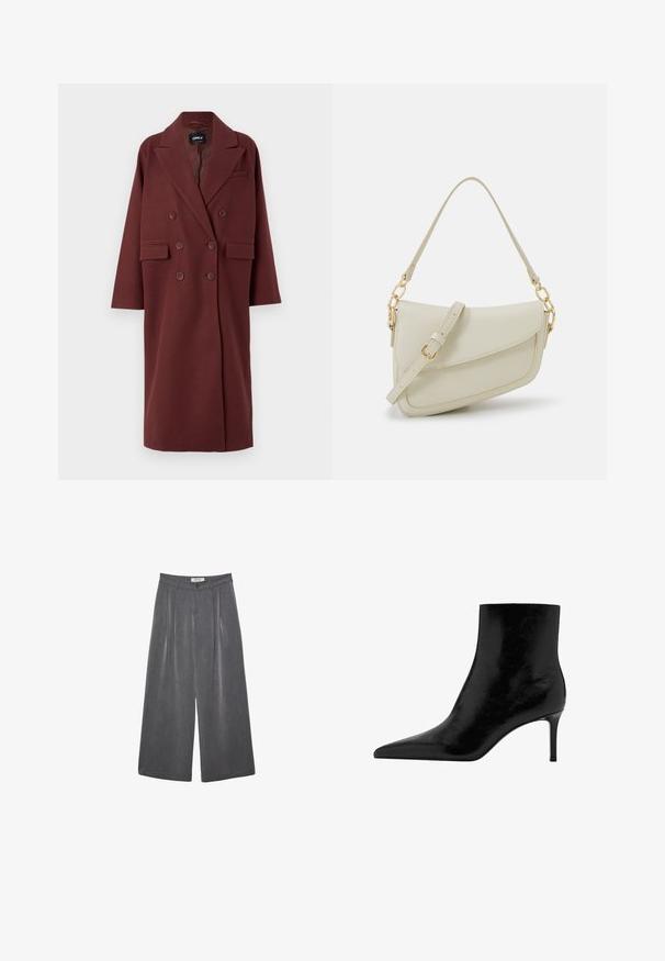 Bordeaux, dubbelzijdig jasje met een opgesneden kraag, zijzakken en een relaxte pasvorm, gemaakt van een wolachtige textuur.; Witte mouwloze tanktop van ribstof, met een ronde halslijn en een aansluitende pasvorm, met minimale naden en zonder versieringen.; Plissé wijdbeens broek in een donkergrijze stof met een subtiele textuur. Met knoopsluiting en een klassiek taillebandontwerp.; Zwarte enkelboot met een puntige neus, gemaakt van glanzend leer. Beschikt over een stilettohak en een gladde textuur. Geen zichtbare versieringen.; Kleine crèmekleurige handtas met een textuurafwerking, een lange verstelbare schouderband, een kettingaccent en een klepsluiting. Gouden hardware-details.