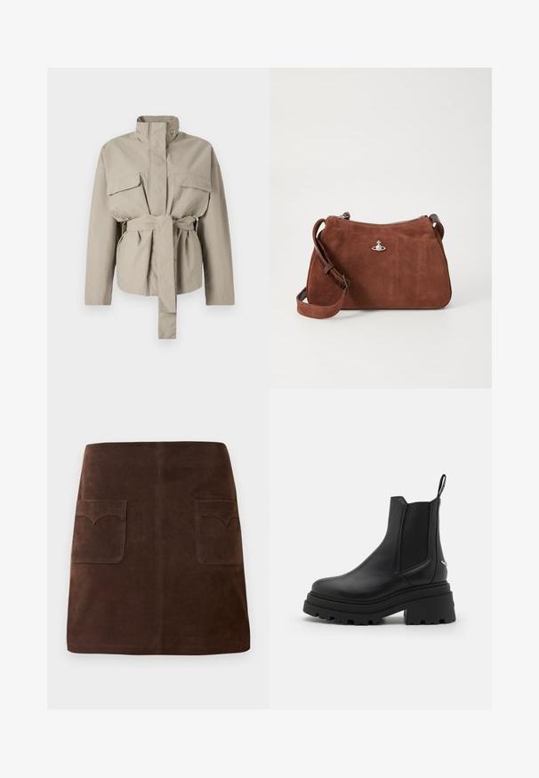 Beige käyttötakki, jossa on korkea kaulus, pitkät hihat, kaksi etutaskua ja sidottu vyötärö. Valmistettu sileästä kankaasta, jossa on jämäkkä istuvuus.; Beige ribbade knittröja med djup V-ringning, långa ärmar och ett strukturerat panel vid bröstet. Korthöjd med en avslappnad passform.; Ruskea mokkanahkainen hame, jossa on klassinen A-linjainen malli, kaksi etutaskua pyöreillä läpillä ja hienovaraisia ommeltyöstöjä.; Mustat Chelsea-nilkkurit, jotka on valmistettu sileästä nahasta, joissa on joustavat sivupaneelit, paksu, uritettu kumipohja ja vetonuppi takana.; Ruskea mokkahandbag, jossa on vetoketjula closure, säädettävä olkahihna ja hopeiset yksityiskohdat, sekä hienovarainen teksturoitu pinta.