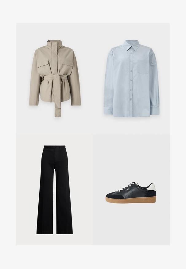 Bežna utilitarna jakna z visokim ovratnikom, dolgimi rokavi, dvema sprednjima žepoma in povezanjem v pasu. Narejena je iz gladkega materiala s strukturiranim krojem.; Svetlo modra srajca z dolgimi rokavi in gumbi, s poudarjenim ovratnikom in žepom na prsih, razprostrta na beli podlagi.; Črne široke hlače iz tkanine, ki imajo visoko pasnico, sprednje zapiranje na gumb in stranske žepke. Gladek videz z jasnimi linijami.; Črne usnjene in semiš tenisice z lahkim rjavim gumijastim podplatom. Imajo bele vezalke in majhne perforacije ob straneh. Prikazana je logo Michael Kors.