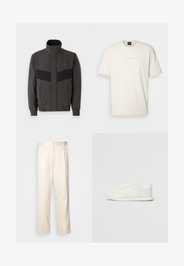 Moška temno siva jakna s črnimi vodoravnimi črtami, visokim ovratnikom, elastičnimi manšeti in logotipom na prsih, izdelana iz gladkega, lahkotnega materiala.; BOSS TEE - Navadna majica - open white; Bež cottone hlače s ravnim krojem, ki imajo gumbasto zapiranje in nabore spredaj za dodatne detajle.; Bela tenisa z mrežasto in sintetično zgornjo plastjo, okroglo oblikovano prstno območje, ravne vezalke in teksturirana stranska črta. Gumijast podplat z zanko na hrbtni strani.