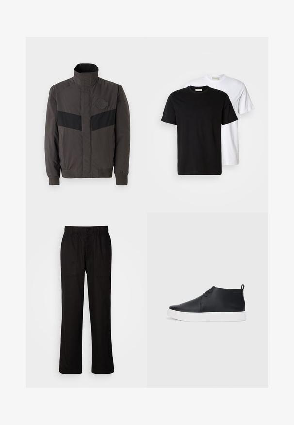 Men's dark gray jacket with black horizontal stripe, high collar, elastic cuffs, and logo patch on chest, made from smooth, lightweight fabric.; Two plain cotton T-shirts, one black placed in front of a white one, both with short sleeves and round necklines.; Black pants with a relaxed fit, made from lightweight fabric. Features an elastic waistband, button closure, and two front pockets.; Black leather high-top sneakers with a smooth finish, white rubber sole, and simple lace-up design. Features a pull tab at the back.