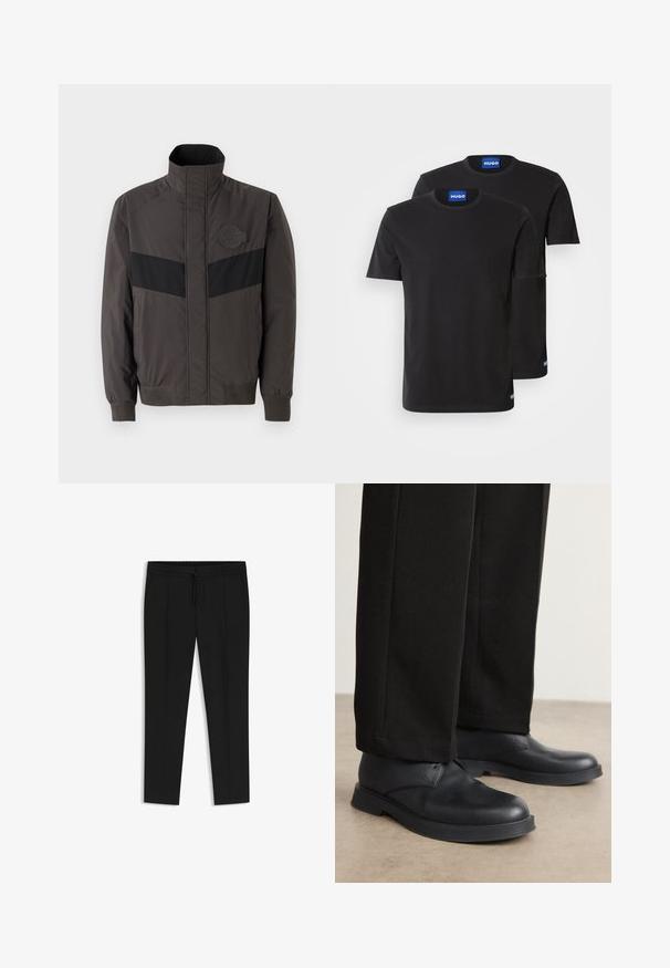 Men's dark gray jacket with black horizontal stripe, high collar, elastic cuffs, and logo patch on chest, made from smooth, lightweight fabric.; Two black cotton T-shirts with round necklines, short sleeves, and blue "HUGO" labels on the collars and side hems.; Black trousers with a drawstring waist, pleated front, tapered legs, and smooth fabric texture. No additional patterns or details.; Black leather shoes with a rounded toe, flat sole, and minimal detailing. Paired with tailored black pants, showing smooth texture.