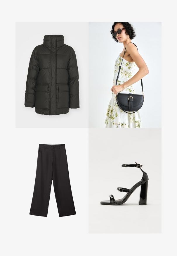 Mørkegrøn pufferjakke med høj krave, lodrette syninger, to forlommer og quiltet tekstur. Letvægts- og isoleret design.; Simpel sort kortærmet bomulds T-shirt med rund hals, præsenteret på en hvid baggrund.; Sorte bukser med vidde, lavet af glat stof, med en frontlynlås og to sidelommer, i en skræddersyet pasform og minimalistisk design.; Sorte patenterede hælsandaler med firkantet tå, ankelremme og sølvspænder. Har en chunky blokHæl for stabilitet.; Sort læderhåndtaske med en buet form, aftagelig rem og guldfinish. Tasken har en klap med en spænde detalje.