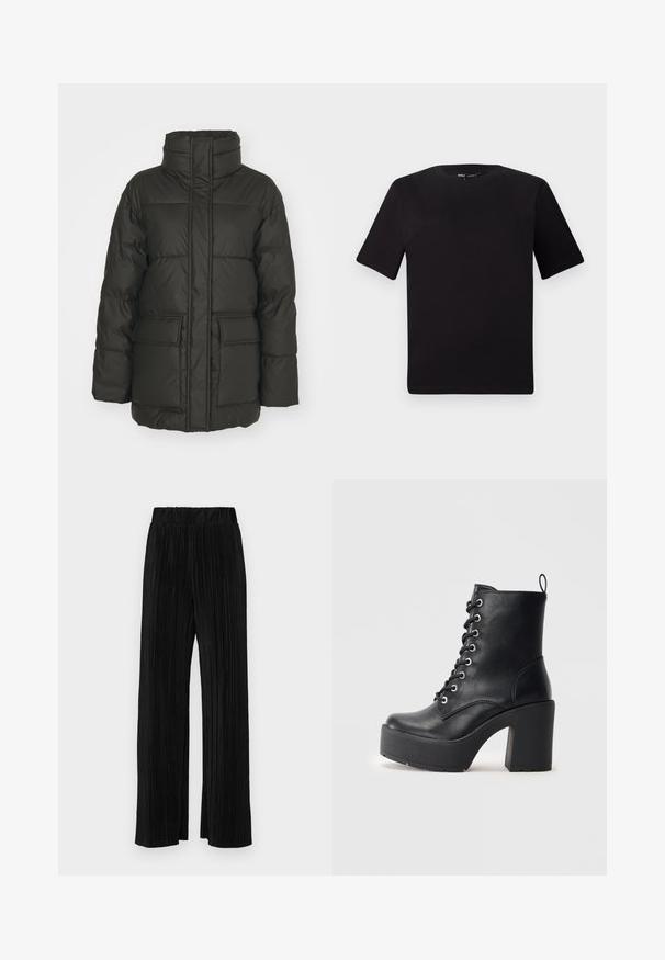 Mørkegrøn pufferjakke med høj krave, lodrette syninger, to forlommer og quiltet tekstur. Letvægts- og isoleret design.; Sort kortærmet t-shirt med rund halsudskæring, lavet af blødt bomuldsstof. Enkel design, ingen synlige logoer eller mønstre.; Sorte plisserede bukser med elastisk talje. Har brede ben og et glat, tekstureret stof med lodrette striber.; Sort læder ankelstøvle med en kraftig blokhæl, snørebånd foran og struktureret overflade. Har en flap på bagsiden for nem påtagning.