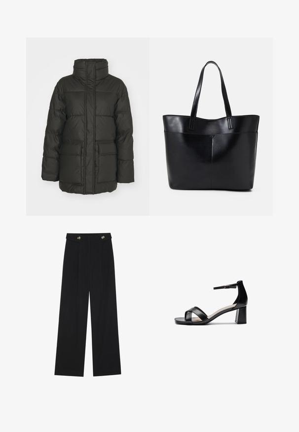 Dark green puffer jacket with high collar, vertical seams, two front pockets, and quilted texture. Lightweight and insulated design.; Black long-sleeve top featuring flared cuffs, soft texture, and a relaxed fit, with a simple round neckline.; Black wide-leg trousers with high waist, button details on waistband, and front pleats.; Black open-toe heeled sandal with crossed straps, adjustable ankle strap, and a chunky heel, featuring a smooth leather texture.; Black leather tote bag with two long handles, a smooth texture, and a structured shape. Features a front pocket for additional storage.