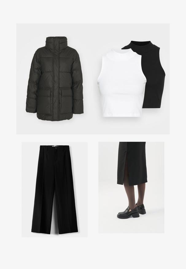 Temnozelena puhovka z visokim ovratnikom, vertikalnimi šivi, dvema sprednjima žepoma in prešito teksturo. Lahka in toplotno izolirana zasnova.; Dva brezrokavniki z rebrasto turtleneck gorami v črni in beli barvi, z oblikovanim dizajnom in gladko teksturo, v skrajšani dolžini.; Črne široke hlače iz lahkega materiala, z zapiranjem na gumb spredaj in ravnim sprednjim delom, s skrbno zašiti robovi.; Črne usnjene čevlje s zaobljenim prstom, debelim blokastim petama in elastičnimi stranskimi detajli, v kombinaciji s temno nogavicami in črno krilo z razporkom.
