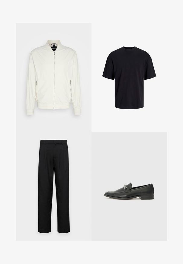 Chaqueta bomber de color beige claro en tejido texturizado, con cuello alto, cremallera frontal y bolsillos laterales con cremallera. Puños y bajo acanalados.; Camiseta de algodón negra con cuello redondo, mangas cortas y un ajuste relajado. Textura suave y sin patrones ni acentos visibles.; Pantalones negros de tela suave, con un diseño de pierna recta, dos pliegues frontales y una cintura estándar con trabillas para el cinturón.; Mocasín de cuero negro con un acabado suave, que cuenta con un diseño de costura y un acento decorativo de cadena de metal en el empeine. Tacón plano.