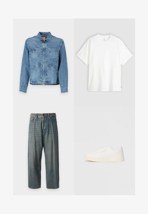 Heled sinine teksajakk, millel on krae, lukuga sulgemine, kaks rinnataskut ja kaldus küljetaskud; struktureeritud lõige.; Valge lühikeste varrukatega puuvillane T-särk, millel on ümmargune kaelus. Ees on peene reljeefse logoga detail ja hemmi peal punane silt.; Heledad sinine denim-stiilis teksad, volüümse lõike, keskmise kõrgusega talje ja sirgete säärega. Omab viit taskut, vöökumme ja nööpide sulgemist.; Valged libisemiskindlad tossud tekstuuriga pinnaga, paksu tallaga ja minimalistikus disainis. Küljel on brändi logo.