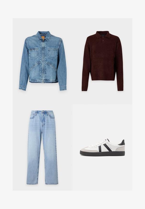 Gai zili džinsā jaka ar apkakli, ar rāvējslēdzēja aizdari, divām frontālām krūšu kabatām un slīpām sānu kabatām; strukturēta piegriezuma.; Brūns adīts džemperis ar polo apkakli, trīs pogām pie kakla un garām piedurknēm. Mīksta tekstūra, ribota apakšmala un piedurkņu gali.; Gai zilu džinsi ar taisnu piegriezumu, augstu vidukli, piecām kabatām un augšējo pogu aizdari. Iezīmēts ar izbalējušu mazgāšanu un kontrastējošu šuvju. ; Baltas sneakeris ar melniem un pelēkiem akcentiem, kuram ir teksturēts pelēks purngals, melna gumijas zole un plakanas baltas šņores. Tīrs dizains, minimālisma stils.