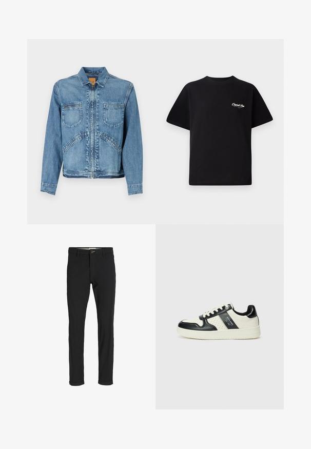 Ljusblå denimjacka med krage, dragkedja, två framfickor på bröstet och snedställda sidfickor; strukturerad passform.; Svart bomull t-shirt med rund halsringning, korta ärmar och liten vit logotext på vänster bröst. Enkel design, klassisk passform.; Svarta bomullsblandade byxor med en smal passform, med knappstängning, fickor och uppvikta fållar för en avslappnad stil.; Läder sneakers med en svart och krämfärgad färgsättning, med perforerade detaljer, en vadderad krage och en strukturerad yttersula.