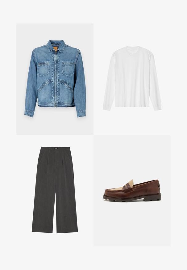 Vaaleansininen farkkutakki, jossa on kauluksellinen pääntie, vetoketjusuljenta, kaksi etupuolen rintataskua ja viistot sivutaskut; muotoiltu malli.; Valkoinen pitkähihainen puuvillainen t-paita, jossa on pyöreä kaula-aukko, resorit hihansuissa ja suora helma, sileä pinta ja minimalistinen muotoilu.; Rento-hameet tummanharmaasta kankaasta, jossa on pleidatut etuosat, kaksi sivutaskua ja litteä vyötärö. Sujuva rakenne ja räätälöity muotoilu.; Bordeaux nahkahiusut, joissa on harmahtava kangasasennus, tikkausyksityiskohtia ja teksturoitu kumipohja, joka on suunniteltu mukavuutta ja kestävyyttä varten.