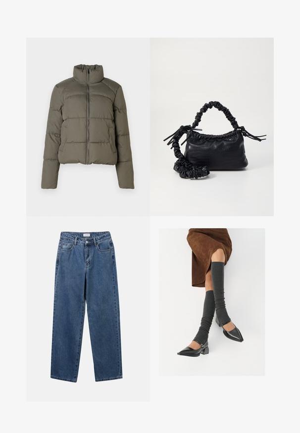 Olivově zelená quiltovaná bunda s vysokým límcem, plným zipem vpředu a bočními kapsami na světlejším pozadí.; Bílá košile na knoflíky vyrobená z hladké bavlny, s klasickým límcem, dlouhými rukávy a zakřiveným spodním lemem. Knoflíky jsou malé a bílé.; Klasické modré džíny z denimu se střihy rovné nohy, pěti kapsami a zapínáním na knoflík. Mají střední odstín a odolnou texturu.; Černé lakované boty s špičatou špičkou, blokovým podpatkem a kotníkovým páskem, spárované s šedými žebrovanými návleky na nohy a hnědskou sukní z semiše.; Černá kabelka z umělé kůže s krokodýlím vzorem, staženým vrškem a zmačkaným popruhem. Zdá se, že má měkký a kompaktní design.