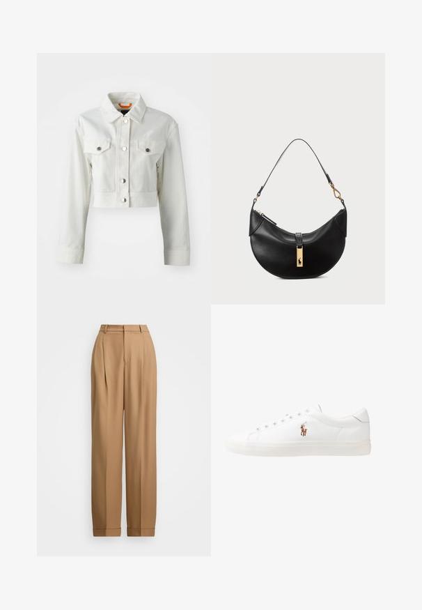Biała krótka dżinsowa kurtka z metalowymi guzikami, dwoma kieszeniami na piersi i klasycznym kołnierzem. Gładka faktura i dopasowany krój.; Czarny sweter w splot nożny z długimi rękawami, z prążkowanym dekoltem i mankietami. Mały akcent logo w białym kolorze po lewej stronie klatki piersiowej.; Beżowe spodnie o dopasowanym kroju z wysokim stanem, plisowanym przodem, zwężanymi nogawkami i podwiniętymi mankietami. Gładki materiał o subtelnej fakturze.; Białe skórzane sneakersy, niskoprofilowy design, charakteryzujące się gładką fakturą, okrągłym noskiem, sznurowanym przodem i małym haftowanym logo z boku.; Czarna skórzana torebka w kształcie półksiężyca. Ma złote akcenty i wąski pasek. Gładka tekstura, zamek błyskawiczny na górze.