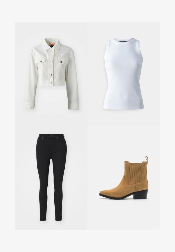 Bela skrajšana denim jakna z metalnimi gumbi, dvema prsnih žepoma in klasičnim ovratnikom. Gladka tekstura in prilegajoč kroj.; Bela brezrokavna majica iz rebraste tkanine, ki ima okrogel izrez in prilegajoč silhueto. Gladka textura, brez vidnih vzorcev ali dodatkov.; Črne skinny jeans z visokim pasom, z zgornjimi in spodnjimi žepi, z zaponko in oprijetim silhueto na belem ozadju.; Bojen naglavni čevlji iz brušene usnje v bež barvi, s koničastim nosom, rebrastimi stranskimi paneli in črnim blokastim peto. Imajo zanka za enostavno obuvanje.
