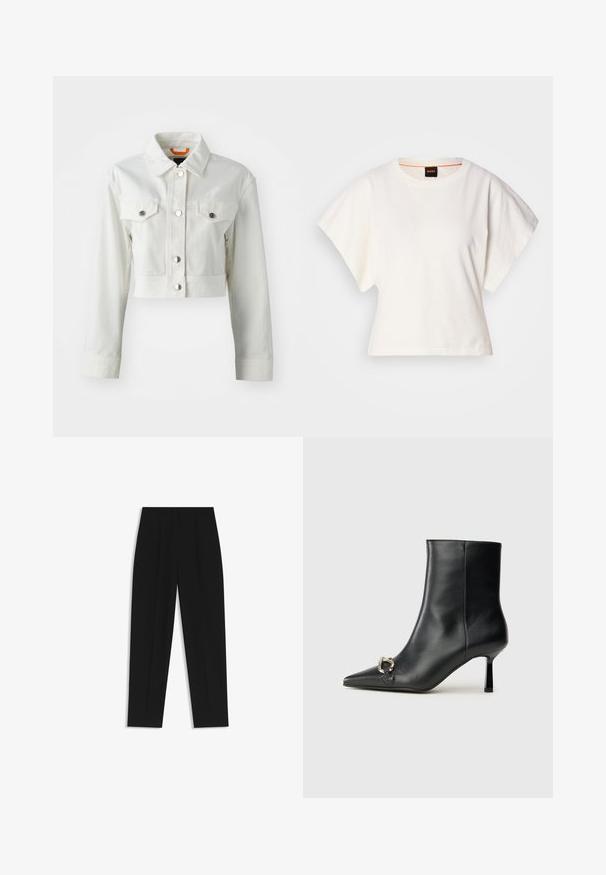 Biała krótka dżinsowa kurtka z metalowymi guzikami, dwoma kieszeniami na piersi i klasycznym kołnierzem. Gładka faktura i dopasowany krój.; Biała, krótka koszulka z szerokimi rękawami, wykonana z miękkiej bawełny, okrągły dekolt z delikatnym pomarańczowym wykończeniem, minimalistyczny design, bez wzorów i grafik.; Czarne spodnie o prostym kroju, z podwójnymi zakładkami, gładką teksturą i klasycznym krojem w talii. Bez widocznych elementów metalowych ani akcentów.; Czarny skórzany botek za kostkę z szpiczastym noskiem, smukłym średnim obcasem i srebrnym zapięciem po boku na jednolitym tle.