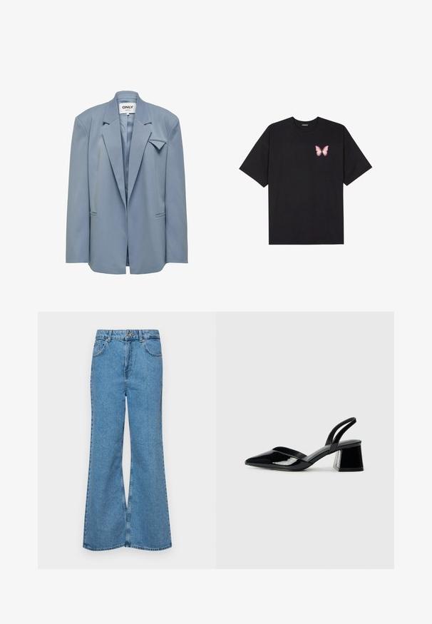 ONLY JOSHA LS EXTRA CC TLR - Short coat - windward blue; Black cotton t-shirt with short sleeves, featuring a small pink butterfly graphic on the left chest. Crew neck design with a relaxed fit.; Light blue flared jeans made of denim, featuring a high waist, five pockets, and a single button closure. Soft texture with faded finish.; Black patent leather slingback heels with a pointed toe and a geometric block heel. Features a sleek, minimal design and smooth texture.