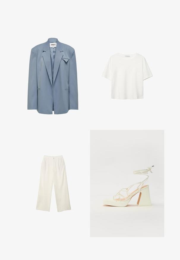 ONLY JOSHA LS EXTRA CC TLR - Krátky kabát - windward blue; Biela krátkopsová tričko vyrobené z bavlny. Má okrúhly výstrih a voľný strih. Hladká textúra bez viditeľných vzorov alebo akcentov.; Široké nohavice z krémovej látky s hladkou textúrou, s jedným predným gombíkom, jemnými skladmi a vysokým pásom.; Biele sandále na vysokom opätku s hrubým podpätkom, s pruhovaným dizajnom a viazaním na členku. Hladký povrch s platformou vpredu pre zvýšenú výšku.